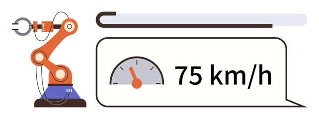 Robotic arm gripping sensor connected to speedometer and data screen showing 75 kmh. Ideal for technology, automation, robotics, efficiency, measurement, mechanics, innovation. Simple flat metaphor