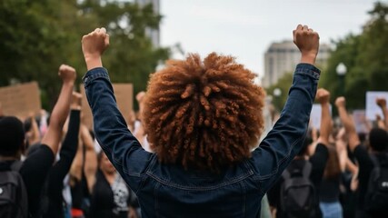 Group raise fists in solidarity at demonstration rally for human rights and social justice