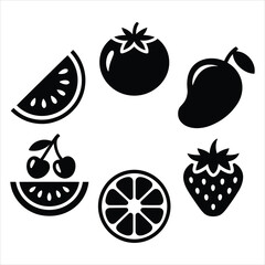 Fruit Icon Set. Watermelon, Tomato, Mango, Cherry, Orange, Strawberry Silhouettes.