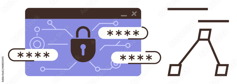 Poster secure digital interface featuring a lock, encoded passwords, and branching decision tree. ideal for