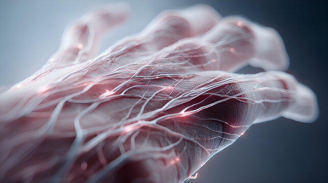 Human hand showing nervous system and blood vessels in 3d rendering - Powered by Adobe