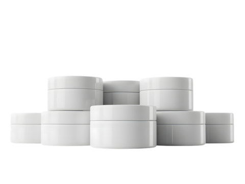 White cosmetic jars arranged in staggered rows isolated on a transparent background containers