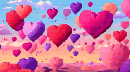 Pixel art hearts floating in a pastel sky