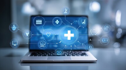 Laptop displaying medical icons