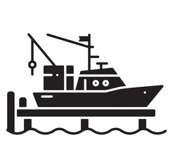 Obraz premium Black and white vector illustration of a fishing boat docked at the pier