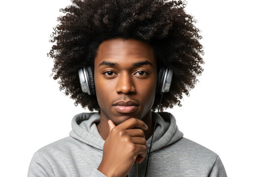 Young man with curly hair wearing headphones isolated on transparent background