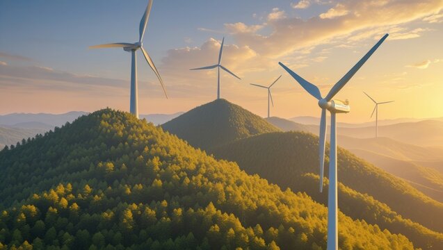 Wind turbines stand tall atop a forested hillside at sunset.