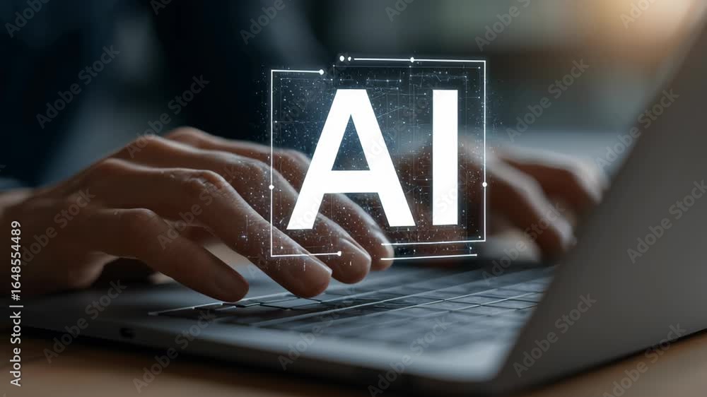 Aufkleber hands typing on laptop with ai digital interface showcasing technology and innovation in modern work