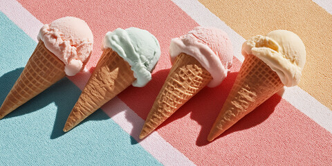 Artisanal gelato scoops rest in golden waffle cones on vibrant striped surface.