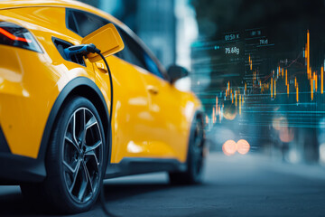 Yellow electric car with embedded financial graph display.