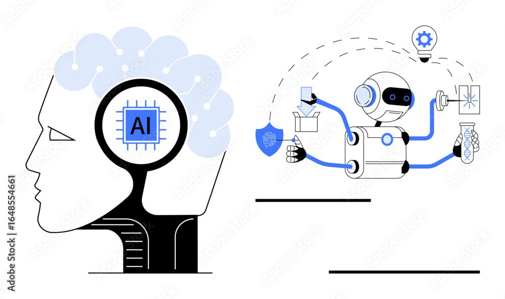 Poster human head with ai chip and a robot using multiple arms for tasks thumbs up test-tube, email, idea. 