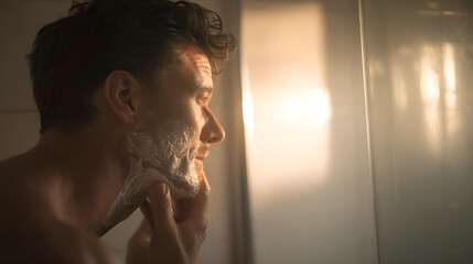 Man applying shaving cream in bathroom with backlight