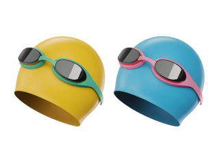 Yellow blue swim caps with goggles isolated on a transparent background image