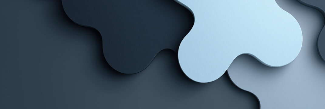 Layered abstract shapes create dimensional flowing design with curved organic blue forms.