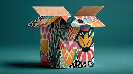 Open box with vibrant, abstract floral pattern