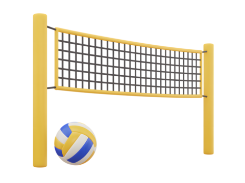 Yellow volleyball net and ball on black isolated on a transparent background blue
