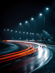 Nighttime city road with streaks of light from moving vehicles under streetlights