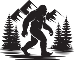 Fototapeta premium Bigfoot walking through forest with mountains behind him.