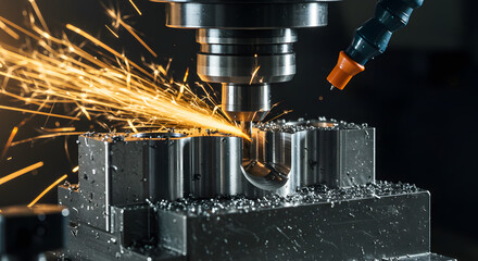 Precision machining creates brilliant sparks as metal is cut with a modern milling machine