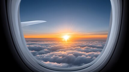 Stunning sunrise view through airplane window over clouds