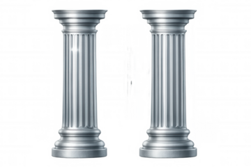 Two silver metallic columns standing on a transparent background, perfect for architectural visualizations or historical representations