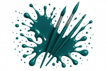 Teal paint splashing from three brushes, transparent backdrop highlighting artistic expression and creative potential
