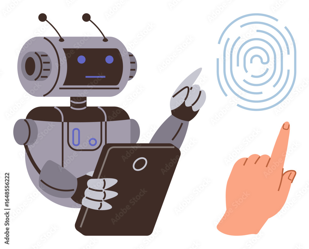 Poster robot analyzing fingerprint with hand holding tablet, pointing at biometric scan. ideal for ai, robo