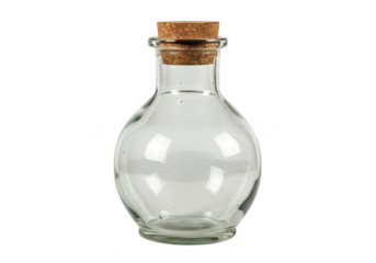 Small empty glass bottle with cork isolated on transparent background