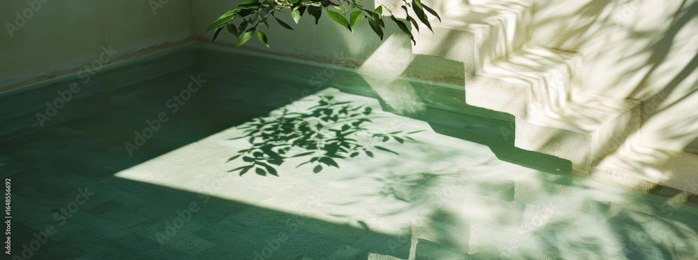 Poster water pool surface with leaf shadows and staircase reflection creating abstract geometric patterns