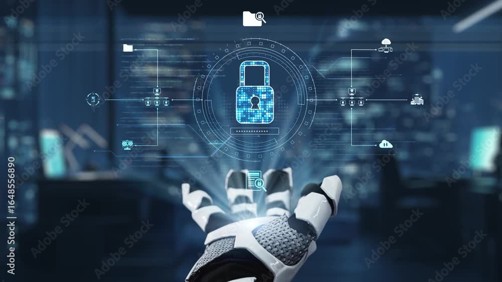 Aufkleber a futuristic robotic hand engages with a digital security interface, showcasing advanced technology 