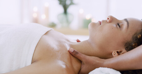 Hands, neck massage and woman at spa for relax, peace and calm for holistic wellness. Masseuse,...