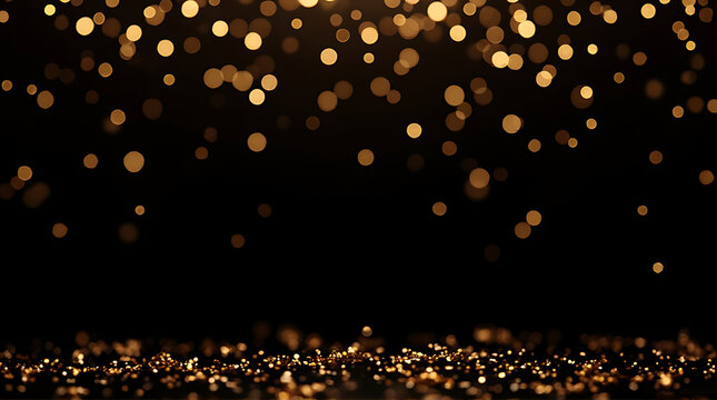 Elegant abstract background with golden bokeh lights on dark backdrop creating a magical and
