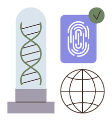 DNA strand encased in glass, fingerprint with checkmark for identification, globe symbolizing worldwide reach. Ideal for genetics, identification, cybersecurity, science, global innovation