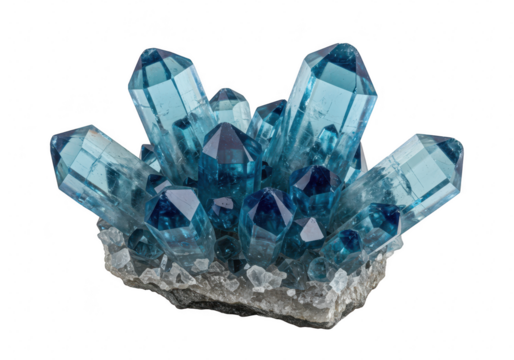 Blue quartz crystal cluster isolated on transparent background