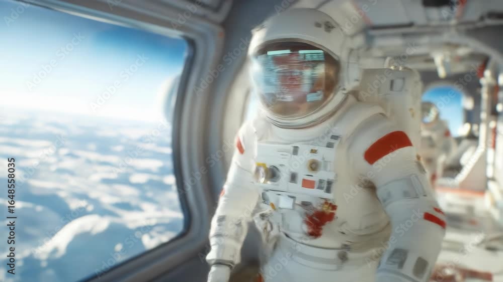 Poster astronaut in spaceship looking out over clouds and atmosphere from a window view, adventure vision