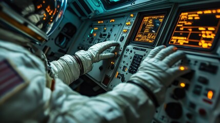Caucasian man in space suit operating control panel in spacecraft