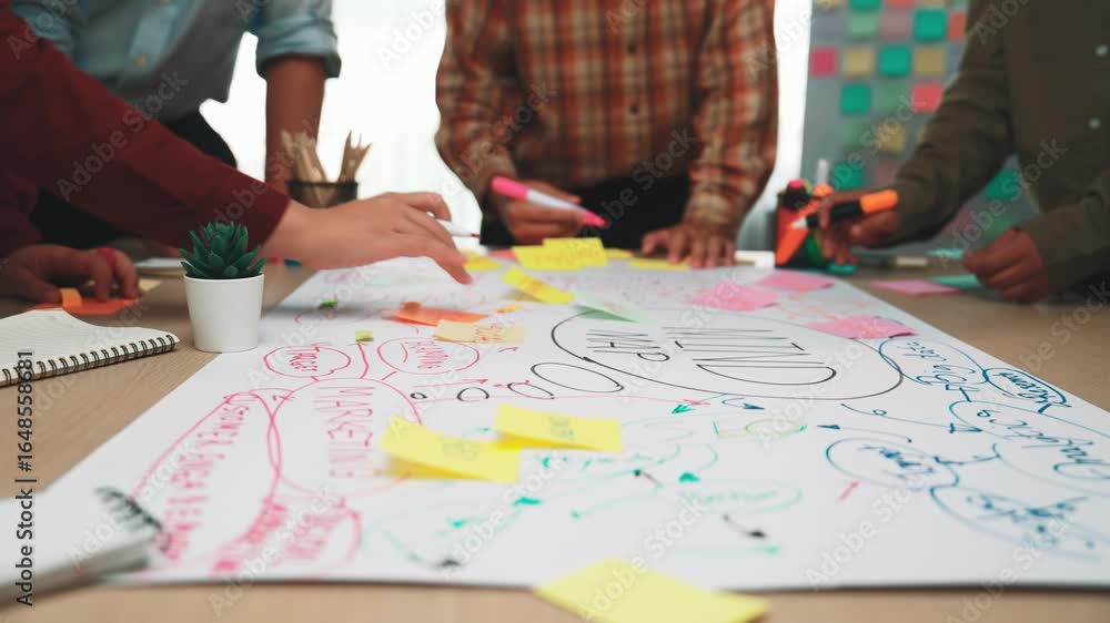 Poster a diverse group of individuals engages in a lively brainstorming session, using sticky notes to crea