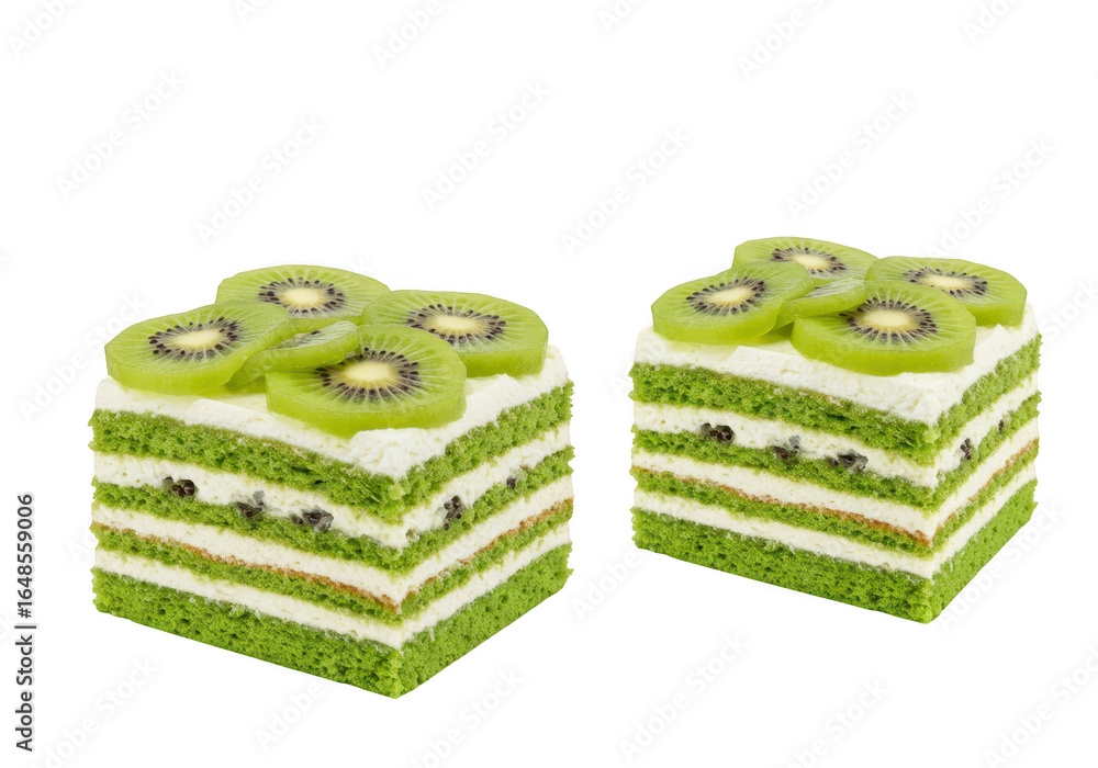 Poster two kiwi layer cakes isolated on transparent background