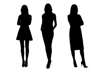 Three female silhouettes in fashionable poses isolated on transparent background