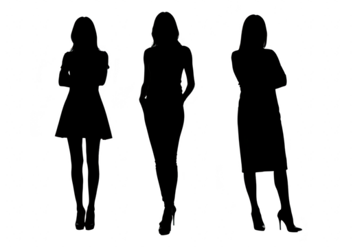 Three female silhouettes in fashionable poses isolated on transparent background