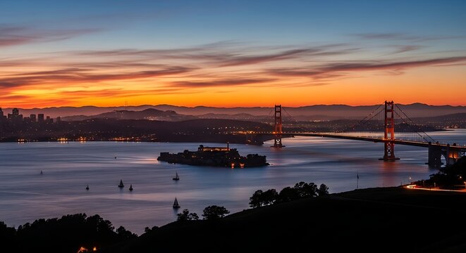 Golden Gate Bridge at Dusk: A Captivating San Francisco Skyline and Island View
