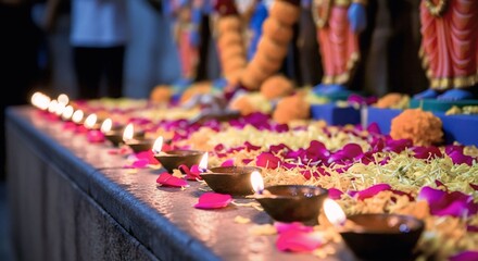 Kali Puja in Kolkata, altar of Goddess Kali decorated with sparkling lights and bright flower petals, devotees pray fervently under candle light, Ai generated ... See More