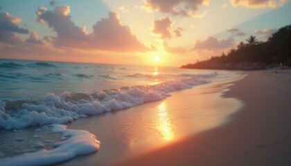 Fototapeta premium Ocean waves crashing at sunset on a tranquil beach