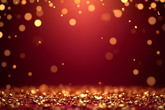 Elegant burgundy background with golden bokeh lights and glittering confetti for celebrations