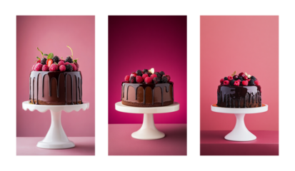 Collage of three chocolate cakes with raspberries on white pedestals on pink background