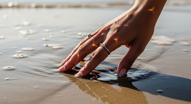 Gentle touch of a hand caressing the serene surface of ocean water on sandy shorelines