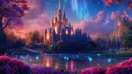 digital painting of majestic castle beside calm lake at sunset, glowing with magical light under a starry sky. A truly enchanting scene.