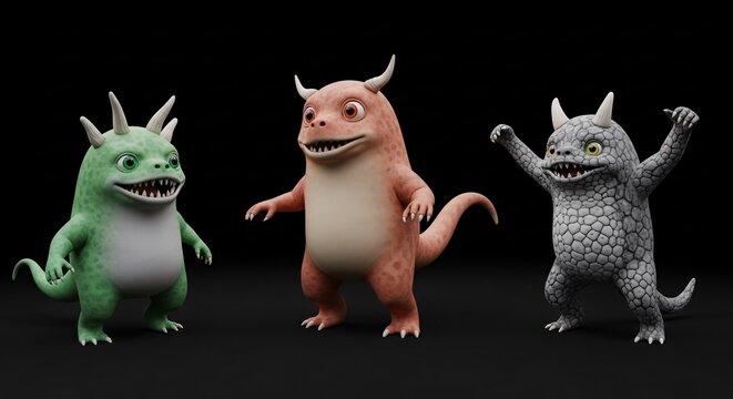 Whimsical 3D monsters stand ready for playful adventures, bringing fantasy to life with charm.