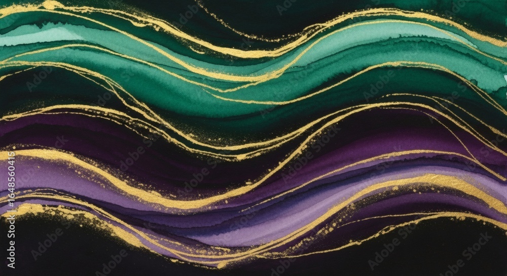 Canvas Prints flowing waves of emerald and purple accented with shimmering gold lines