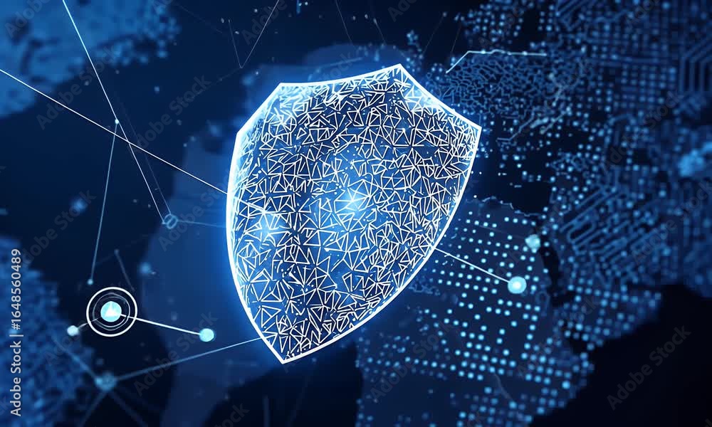 Poster digital technology on a blue background with a digital shield symbol and a world map, representing o